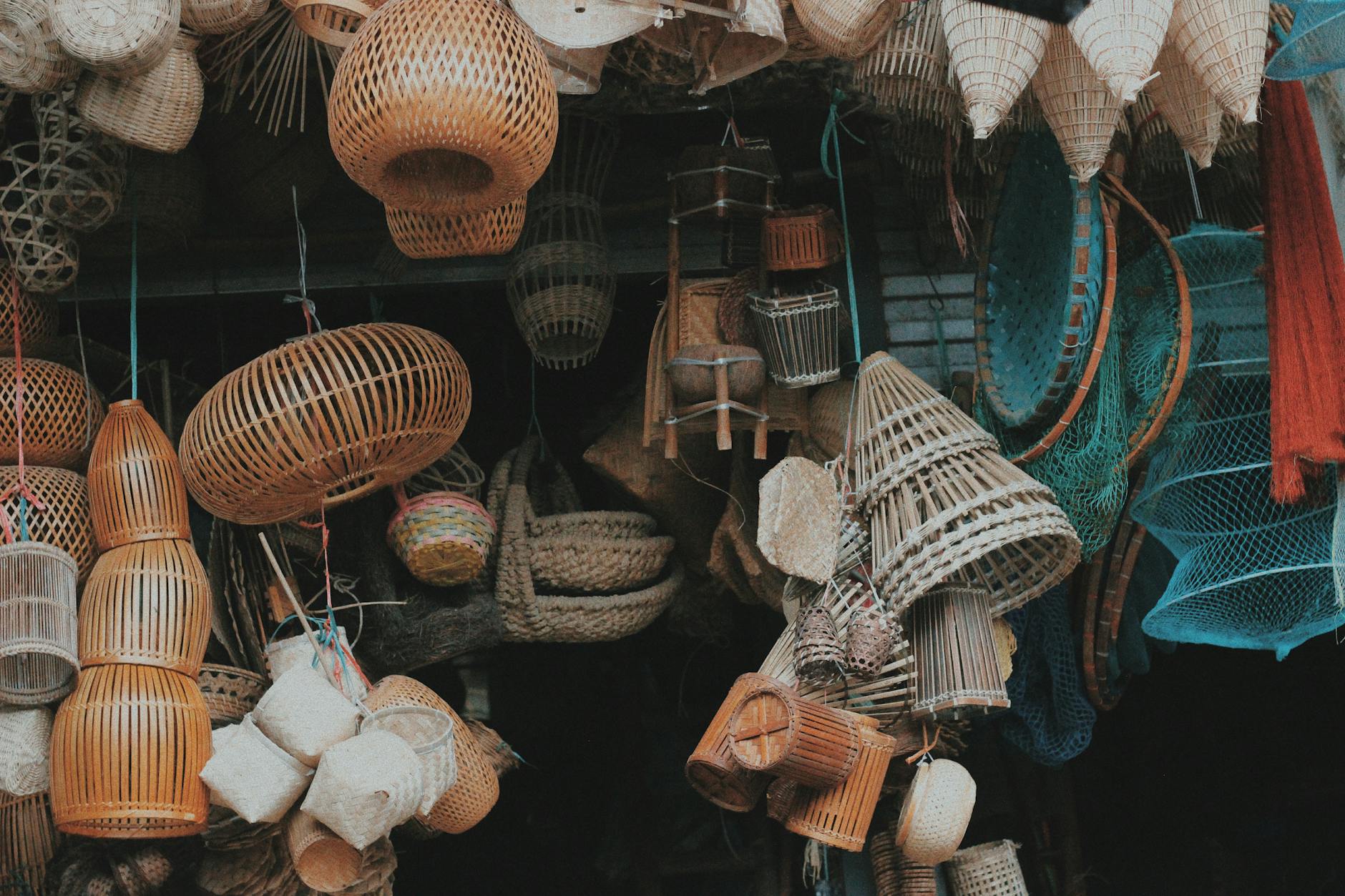 Discover a vibrant display of traditional Vietnamese bamboo crafts in a Hanoi market.